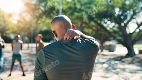 Preview: Fitness, outdoor and man with neck pain, injury and exercise accident from workout. Person, sore ba