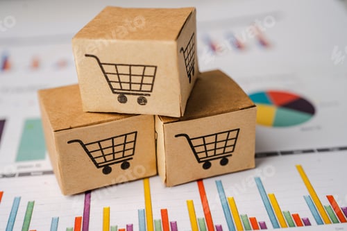 Preview: Shopping cart logo on box with graph background. Banking Account, Investment