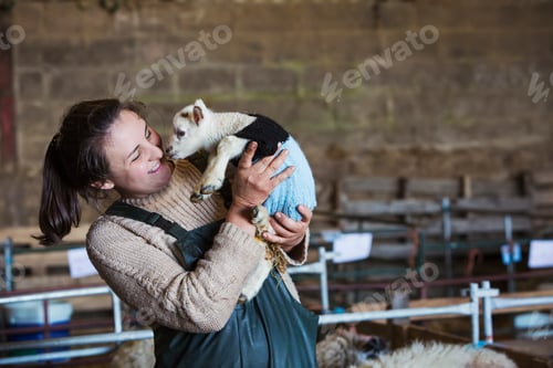Preview: Woman standing in a barn, holding a newborn lamb dressed in a knitted jumper.