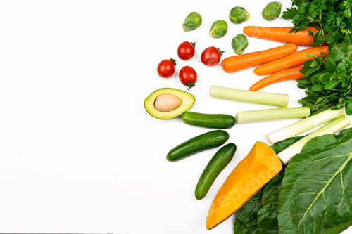 Preview: Fresh vegetables with avocado. healthy food background Isolated on white