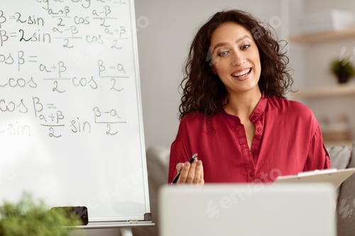 Preview: Lady teacher explaining trigonometric functions to students online using pc