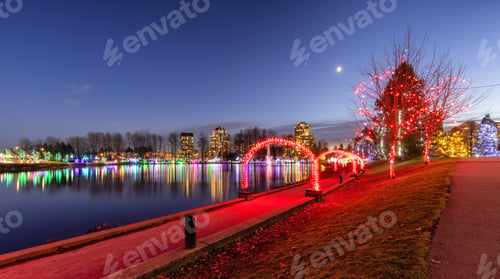 Preview: Trail in a park around Lafarge Lake with Christmas Lights