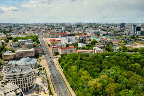 Preview: view from the height of Independence Avenue and the center of Minsk, old architecture, a fragment of