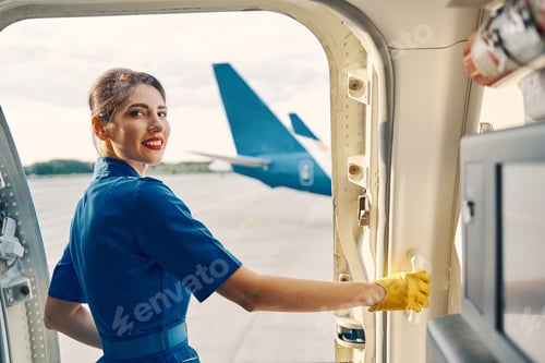 Preview: Charming contented stewardess posing for the camera aboard the plane