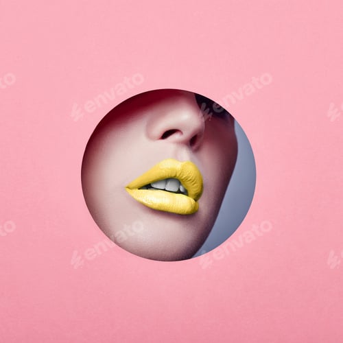 Preview: Advertising Beautiful plump lips bright yellow color, woman looks in hole colored pink