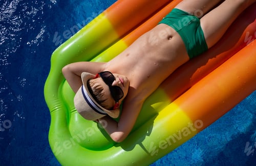 Preview: completely relaxed. boy in a straw hat swims in the pool on an inflatable mattress.