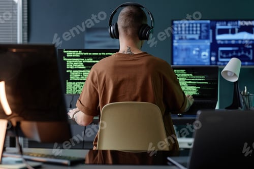 Preview: Back of Male Programmers in Headphones Working at Desk with Computers in Office