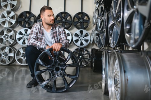 Preview: man chooses new alloy wheels in auto shop