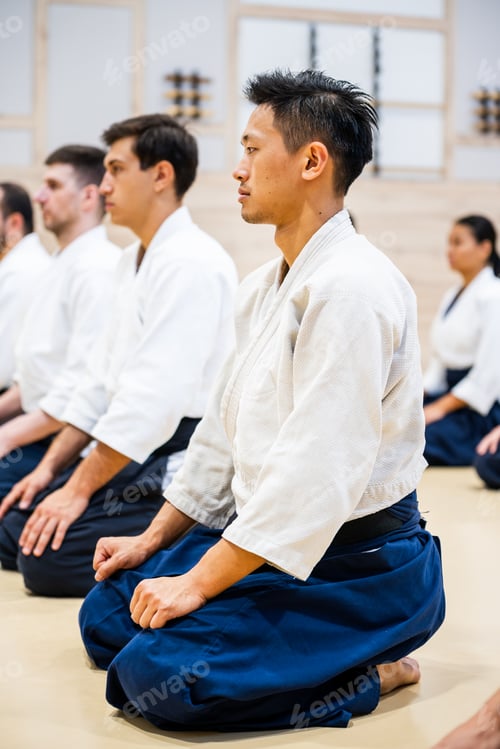 Preview: Focused Asian Martial Artist in a Traditional Dojo With Dedicated Students Sitting Kneeling