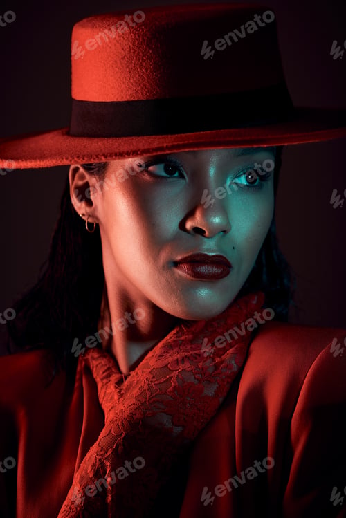 Preview: Dark, seductive and vintage woman thinking of fashion, red clothes and creative against a dark blac