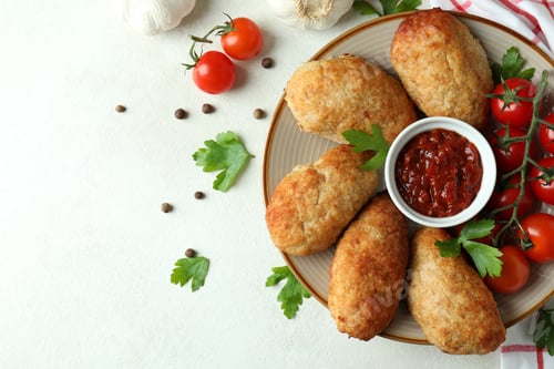 Preview: Concept of tasty food with cutlets on white textured table