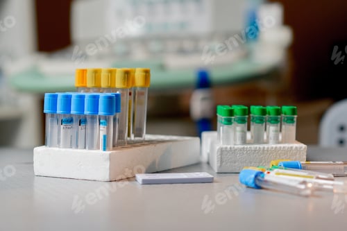 Preview: close-up in a veterinary clinic there are test tubes of different colors with tests on the table