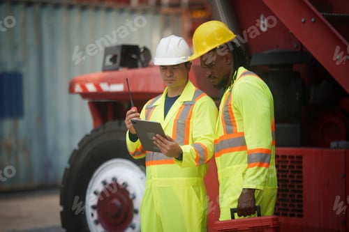 Preview: Workers collaborate on a tablet near heavy machinery at a construction site in daylight