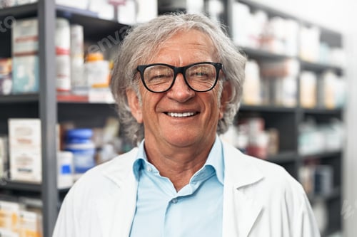 Preview: Smiling senior pharmacist in glasses at pharmacy