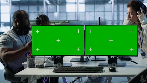Preview: Close up of multi monitor isolated screen computer in data center
