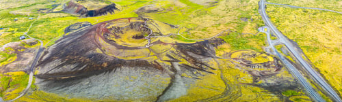 Preview: Aerial drone view of the Grabrok Volcano crater in Iceland