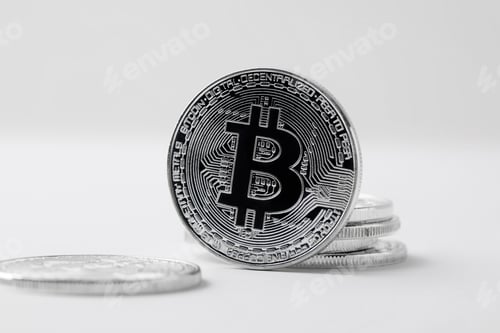 Preview: close-up shot of bitcoin standing on white surface