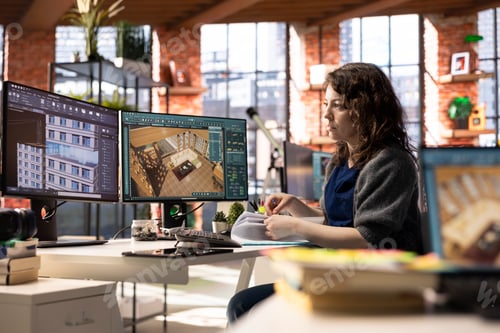 Preview: Freelancer designer decorates an apartment floor plan on a computer
