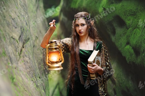 Preview: Young beautiful female elf walking through the forest with a boo