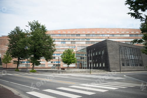 Preview: pedestrian crossing with modern buildings, Hamar, Hedmark, Norway