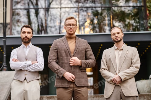 Preview: concentrated handsome business leaders in elegant clothes posing together while working hard