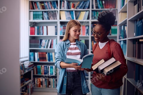 Preview: Happy female students cooperating while learning from a book in library.