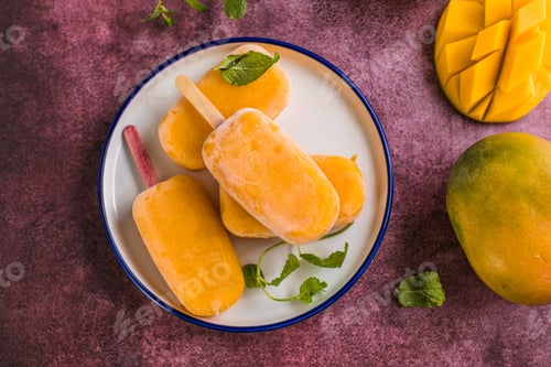 Preview: Mango banana popsicles with fresh fruits, flat lay top view