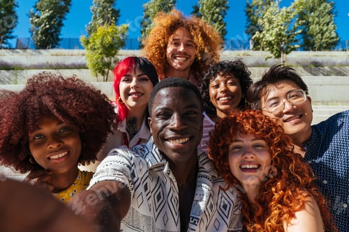 Preview: Multiethnic group of young friends meeting and having fun outdoors