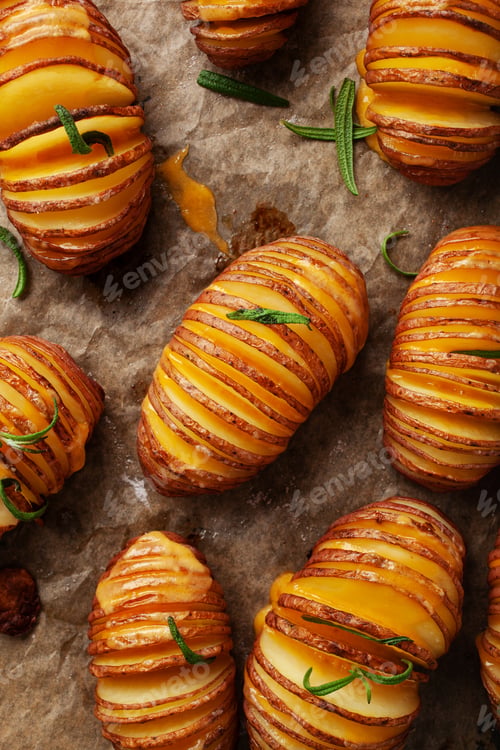 Preview: baked hasselback potato with cheddar cheese and rosemary