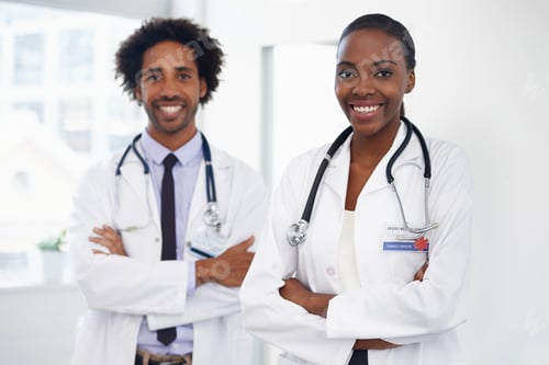 Preview: Theyre dedicated to medicine. Portrait of two doctors standing in a room.
