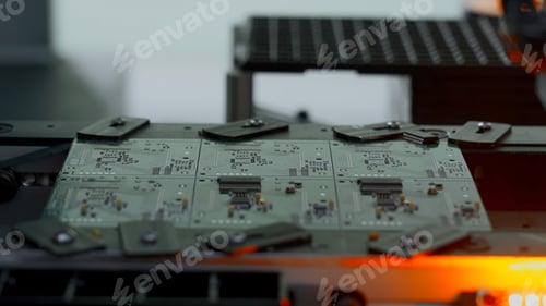 Preview: Close up of industrial background with printed circuit board being assembled with automated robotic