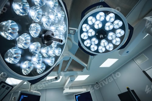 Preview: Lamps in operating room, close up. Modern surgical system