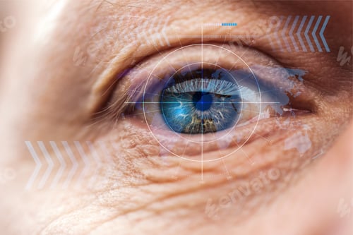 Preview: close up view of mature human eye with data illustration, robotic concept