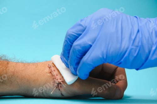 Preview: nurse cleaning wound with cotton ball and dressing set, wound care process