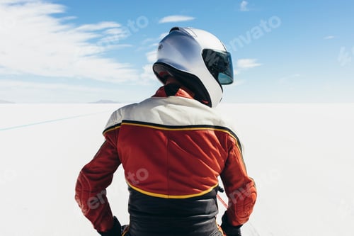 Preview: View from behind of motorcyclist at start line on the Salt Flats
