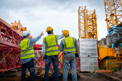 Preview: Three men in construction gear are talking to each other