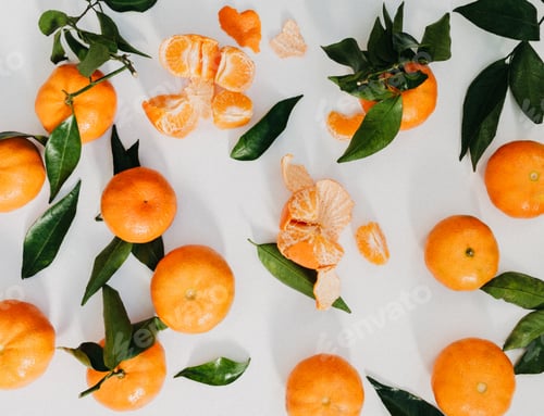 Preview: Composition from fresh ripe tangerines and leaves on white background
