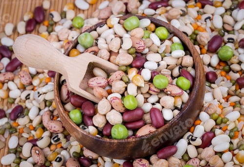 Preview: Mixed dried legumes and cereals isolated on white background, top view