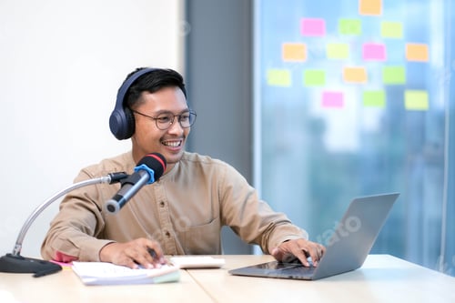 Preview: Young man recording podcast using microphone and laptop happy face smiling Positive person.
