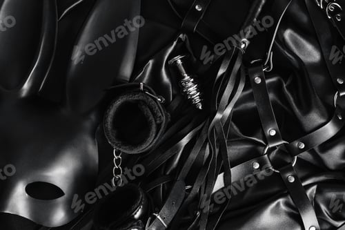 Preview: Explore the world of kinky play. Top view of bdsm leather kit against of a black silk.