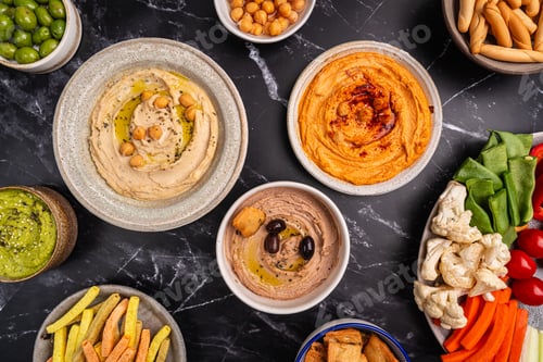 Preview: Various hummus dips, healthy and vegan snack