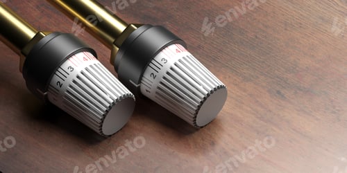 Preview: Radiator thermostat on wood. Heating temperature control. 3d illustration