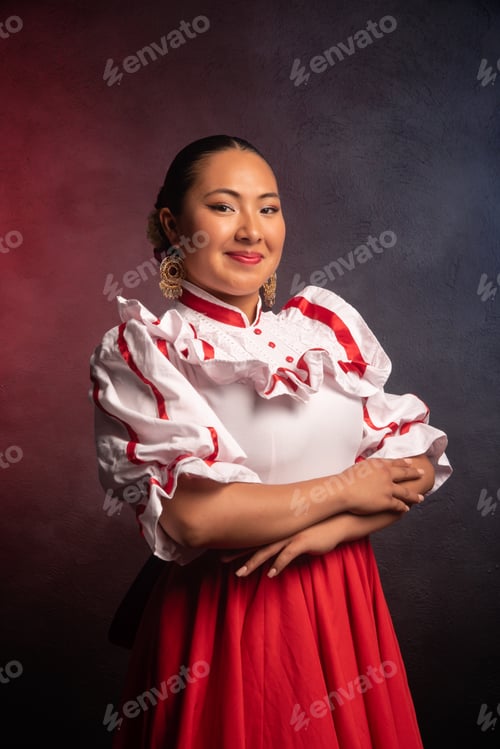 Preview: A woman in a red and white dress is posing for a photo