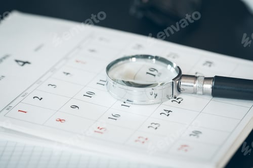 Preview: Calendar and Magnifying glass. Concept image of business meetings