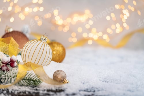 Preview: Elegant Christmas Baubles and Ribbon on Snow with Lights