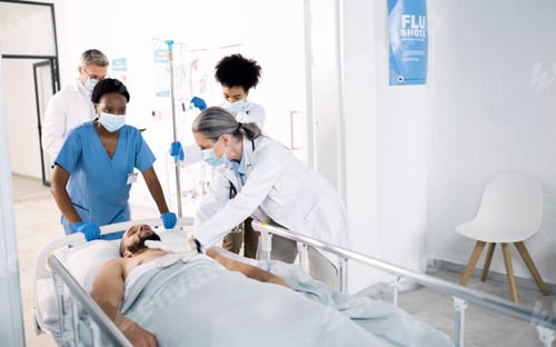 Preview: CPR, emergency and team of doctors in hospital for medical service, first aid and surgery. Healthca