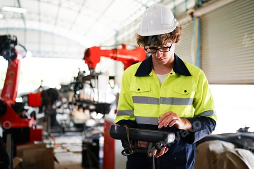 Preview: Engineer checking control panel and Automatics robot arm and operating control machine in factory
