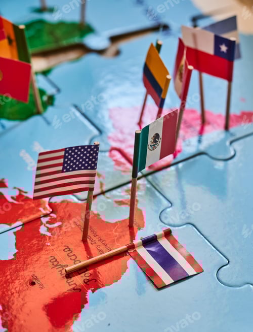 Preview: Vertical shot of the United States and Mexican flag on a puzzle map