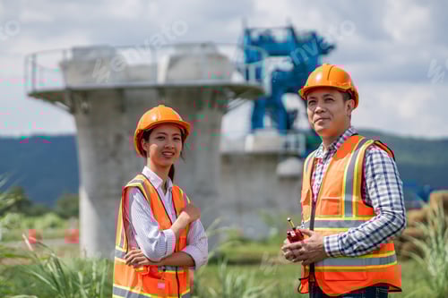 Visualização: O engenheiro de construção sênior está segurando planos e plantas em papel e conversando com colegas de trabalho.