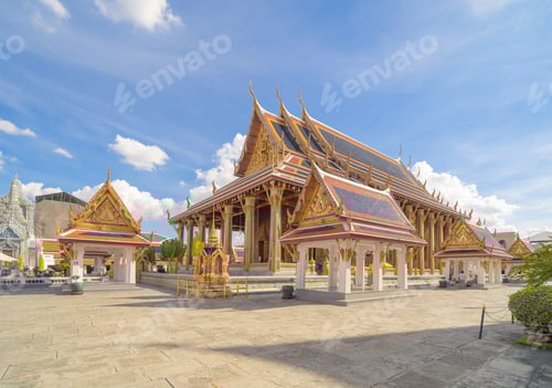 Preview: Golden pagoda at Temple of the Emerald Buddha in Bangkok, Thailand. Wat Phra Kaew and Grand palace